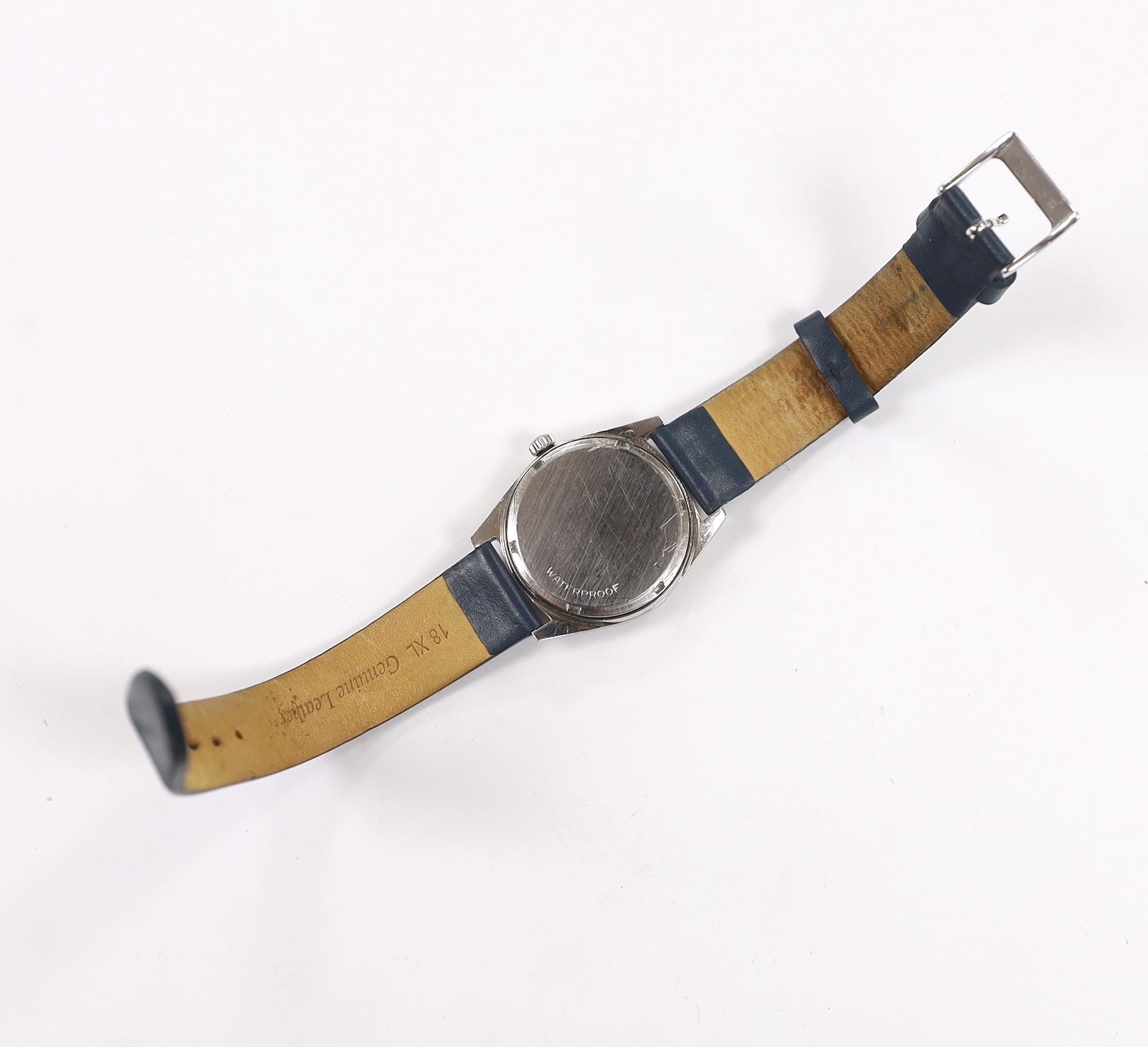 A gentleman's late 1960's stainless steel Omega manual wind wrist watch, with blue dial and red sweep seconds hand, movement c.618, on an associated strap.